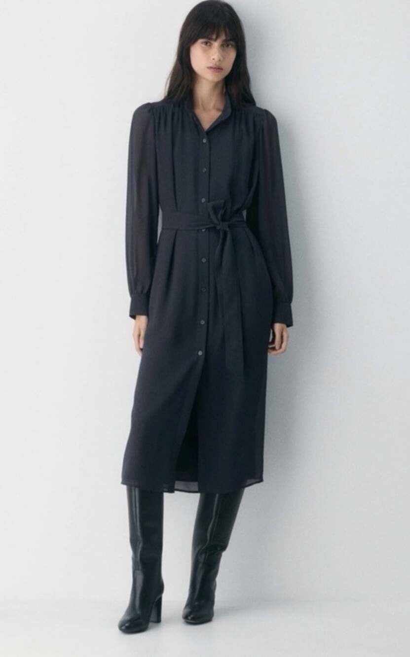 Wilfred Aritzia Navy Blue Button Front Midi Broadway Shirt Dress Belted XS ES